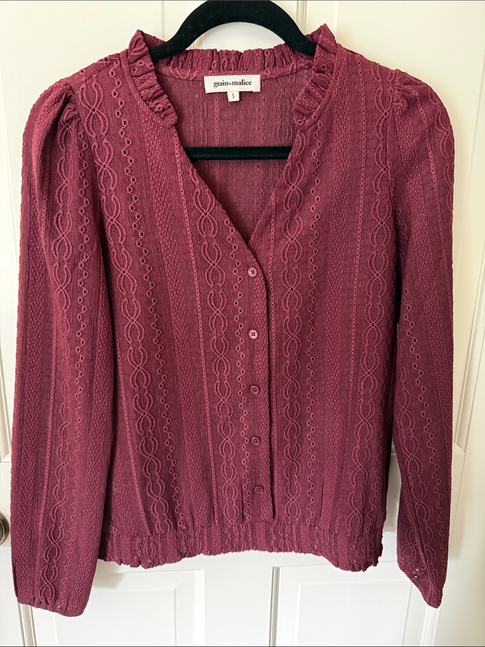 Grain+Malice Berry Eyelet-Striped Crochet Button-Front Blouse